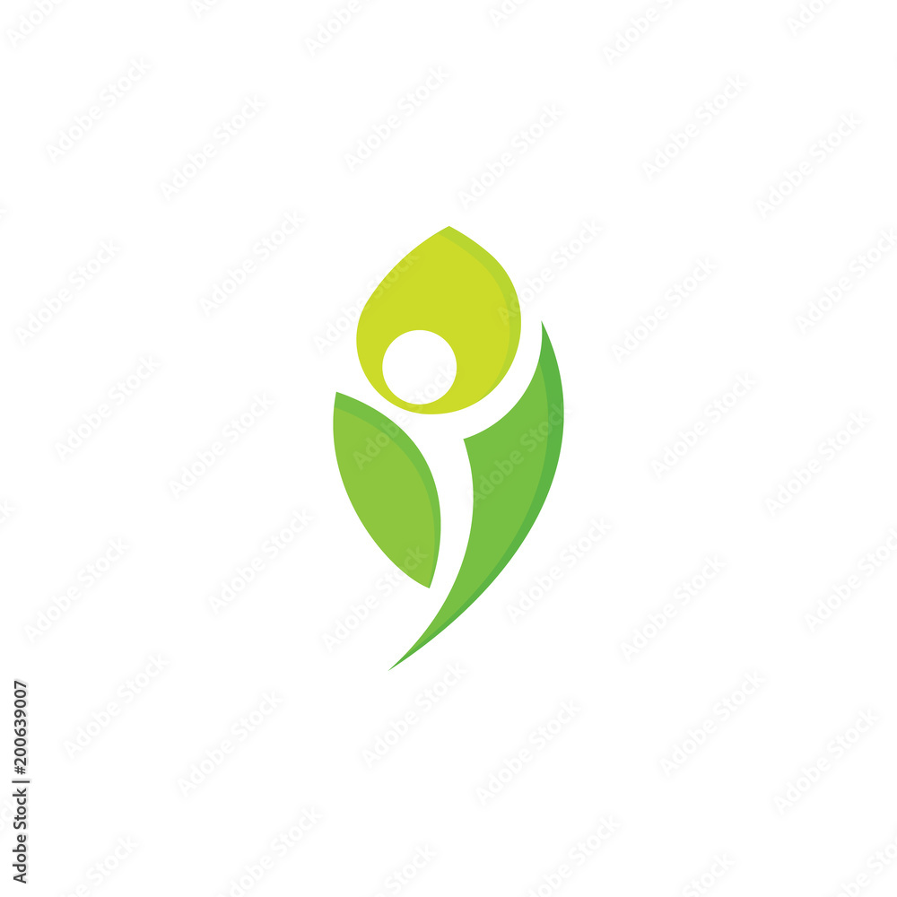 Healthy people vector logo, green leaf, man silhouette negative space. Organic food logotype template. Vegetarian abstract symbol on white background. Healthy people vector logo, green leaf, man silhouette negative space. Organic food logotype template. Vegetarian abstract symbol on white background.