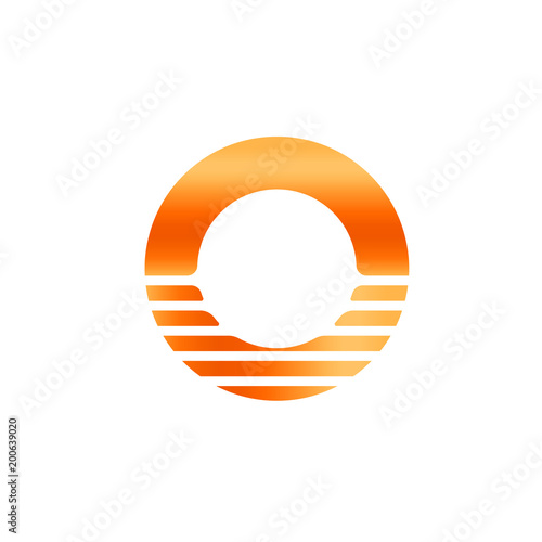 Orange sun icon. Abstract letter O. Sunrise and sundet logotype. Circle logo template, vector illustration.