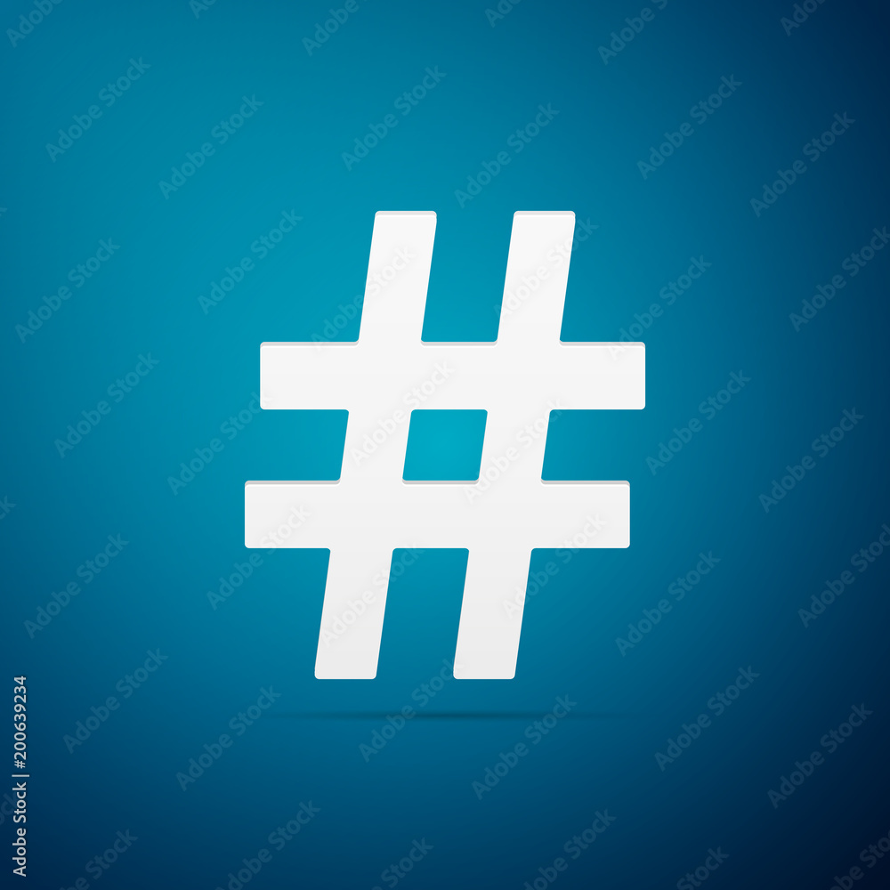 Obraz premium Hashtag icon isolated on blue background. Social media symbol. Modern UI website navigation. Flat design. Vector Illustration
