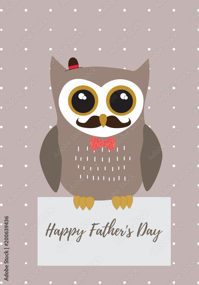 Fototapeta premium Owl Happy Father's Day in brown with black,white and gold metallic colors palette vector illustration card template on a dot pattern background