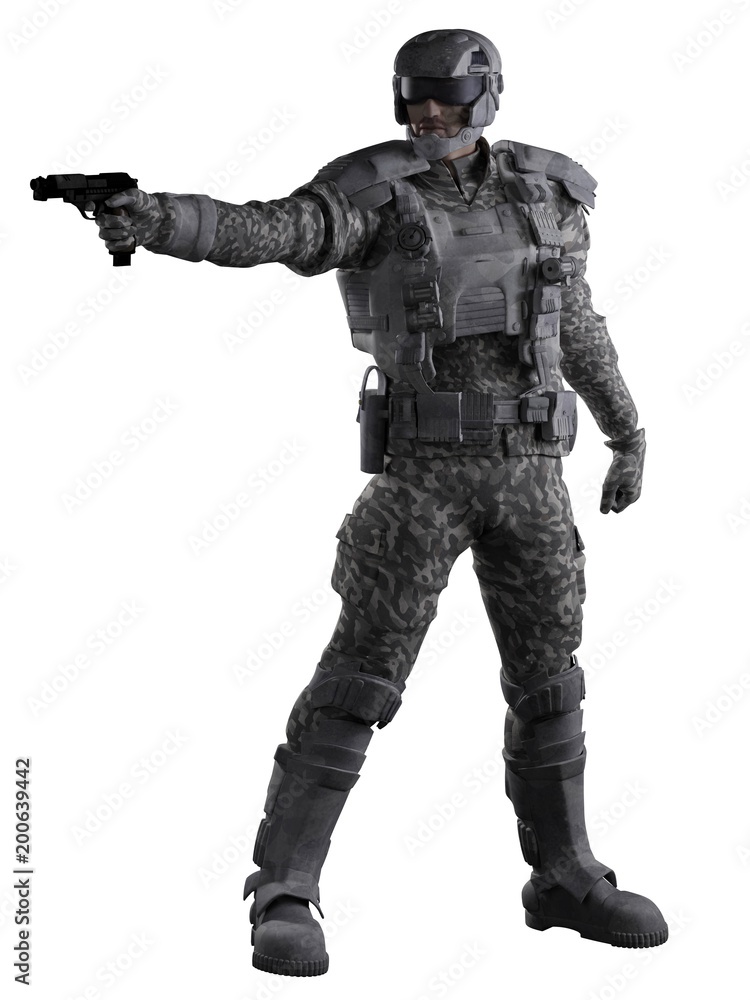 Futuristic Marine Ranger in Urban Camouflage, Aiming Gun - science fiction illustration Futuristic Marine Ranger in Urban Camouflage, Aiming Gun - science fiction illustration