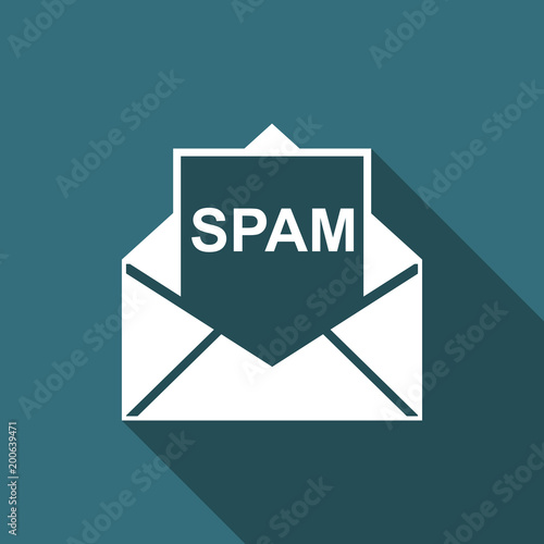 Envelope with spam icon isolated with long shadow. Concept of virus, piracy, hacking and security. Flat design. Vector Illustration