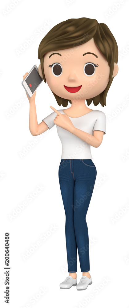 3D illustration character - A woman wearing a T-shirt is talking on a mobile phone. 3D illustration character - A woman wearing a T-shirt is talking on a mobile phone.