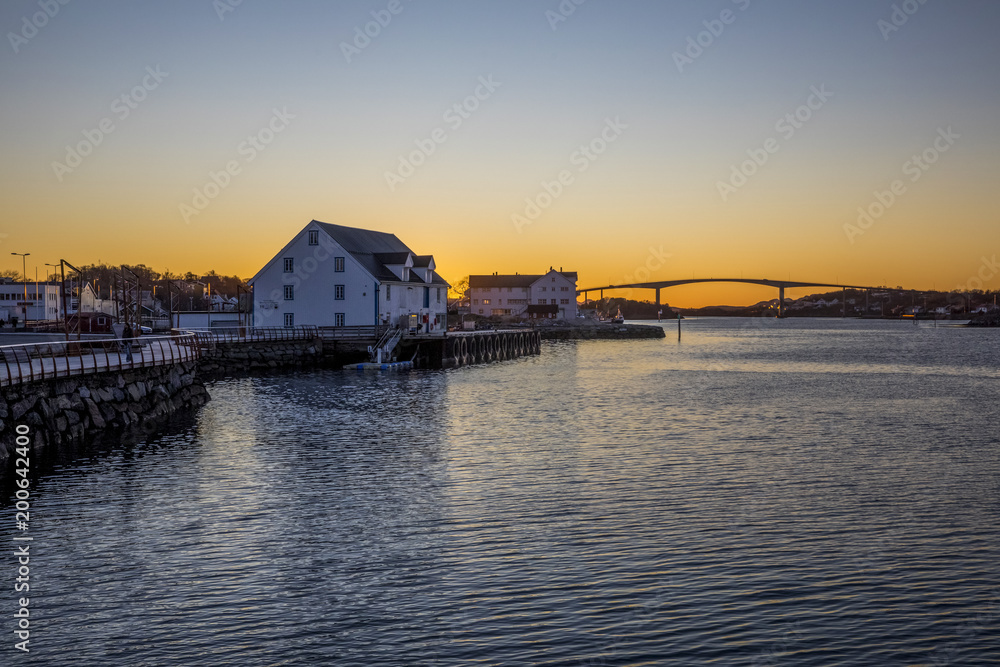 Sunset in Bronnoysund harbour in Northern Norway