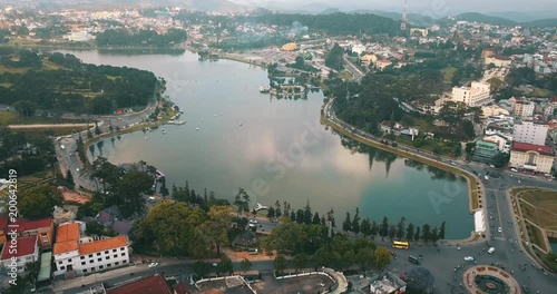 AERIAL 4K: Aerial view from the drone to Dalat city and Cam Ly Spring lake.Southern parts of the Central Highlands region of Vietnam