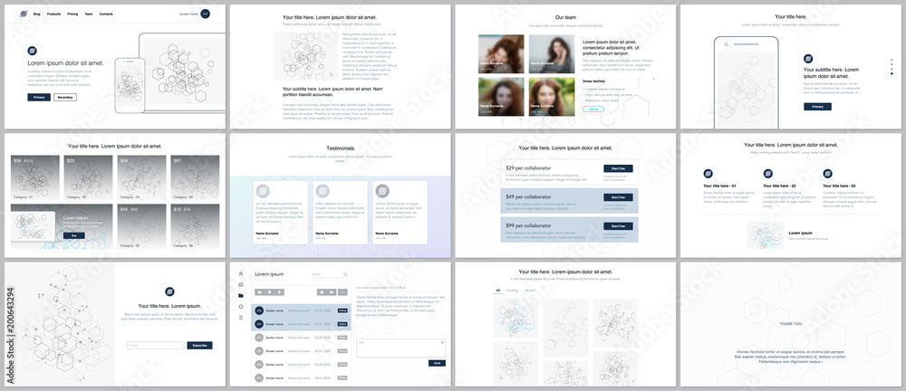 Vector templates for website design, minimal presentations, portfolio. UI, UX, GUI. Design of headers, dashboard, contact forms, features, pricing, e-commerce page, blog etc. Social network concept.