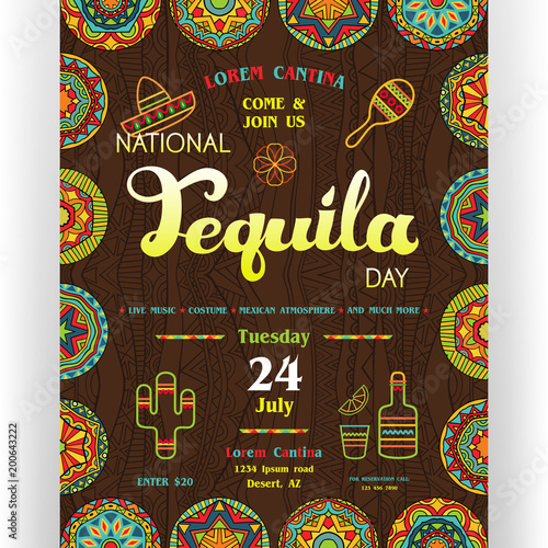 National tequila day announcing poster template with customized text and ornate sombrero, bottle, drink, lime, cactus icons.