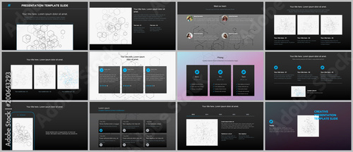 Minimal presentations, portfolio templates. Simple elements on black background. Brochure cover vector design. Presentation slides for flyer, leaflet, brochure, report. Social network concept.