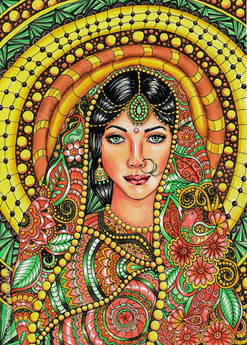 Indian woman in zentangle style with ethnic ornament illustration hand drawn