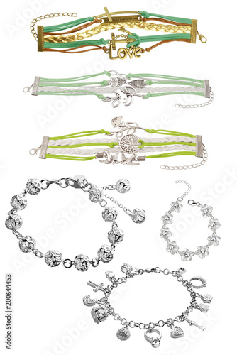 Woman bracelets. Elegant silver, gold and textile bracelets, with precious stones, pearls and little charms, isolated on white background, clipping paths included