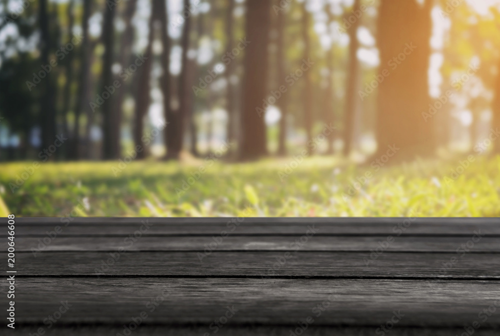 Selected focus empty wooden table and view of green forest blur background with bokeh image. for your photomontage or product display