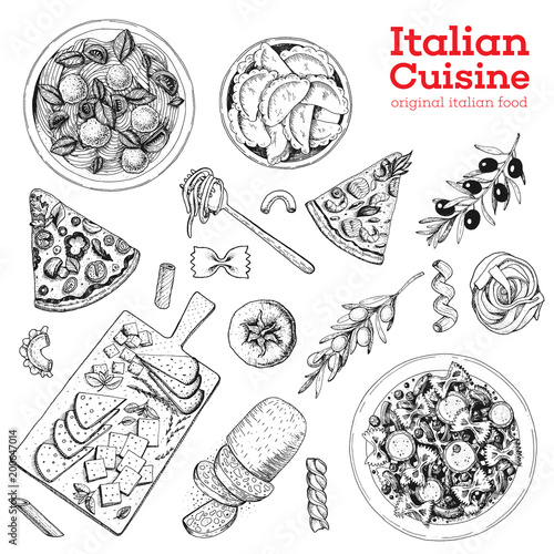 Italian cuisine hand drawn set. Vintage vector illustration. Italian food sketch collection. Pasta, pizza and ravioli illustration. Engraving image.