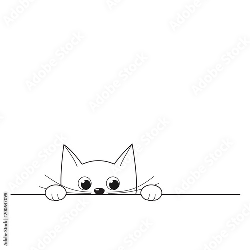 Vector illustration of outline cute peeking kitten isolated on white