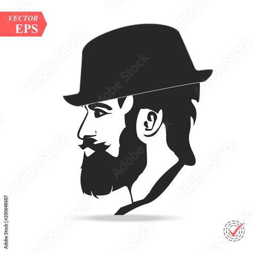 Vector portrait of serious bearded man wearing hat looking away.