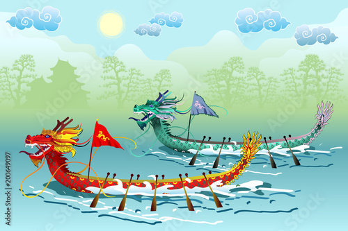 Dragon Boat Festival (Duanwu or Zhongxiao). River landscape with two chinese dragon boats, vector illustration. photo