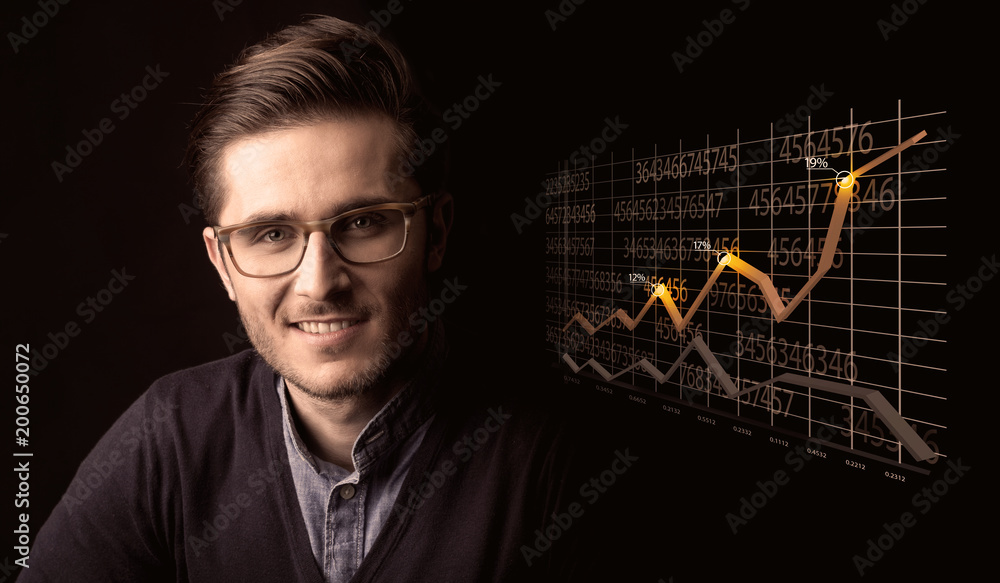 Elegant Businessman with Line Graphs and Statistics Elegant Businessman with Line Graphs and Statistics