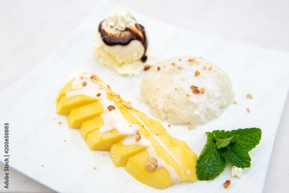 Thai dessert - Mango with coconut sticky rice and ice cream Thai dessert - Mango with coconut sticky rice and ice cream
