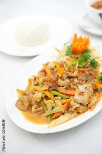 Thai style Satay peanut sauce stir-fried with chicken and vegetable