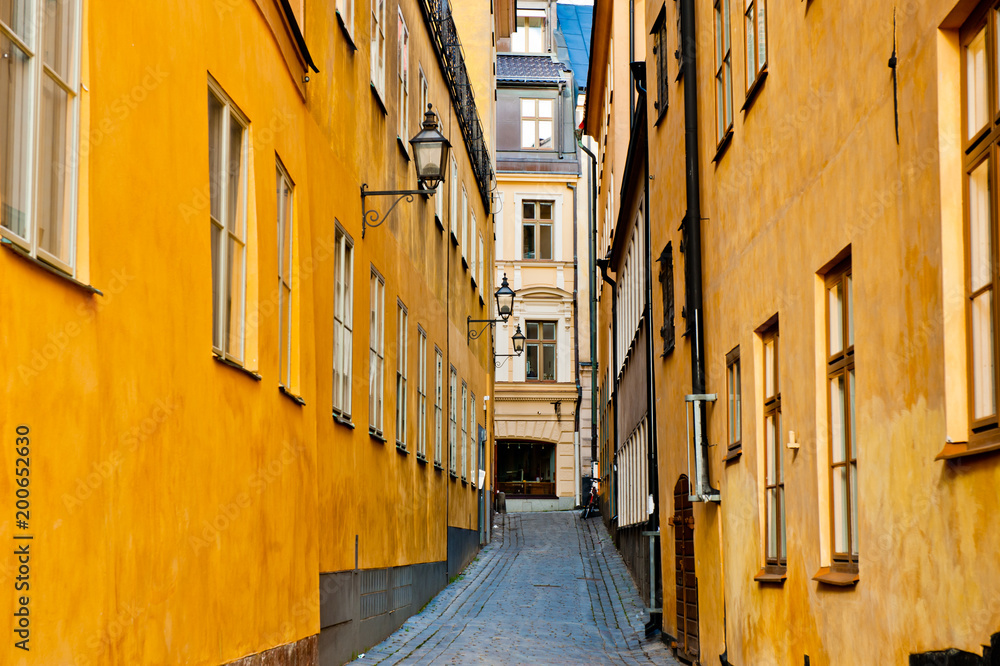 Beautiful narrow street in Stockholm. Sweden