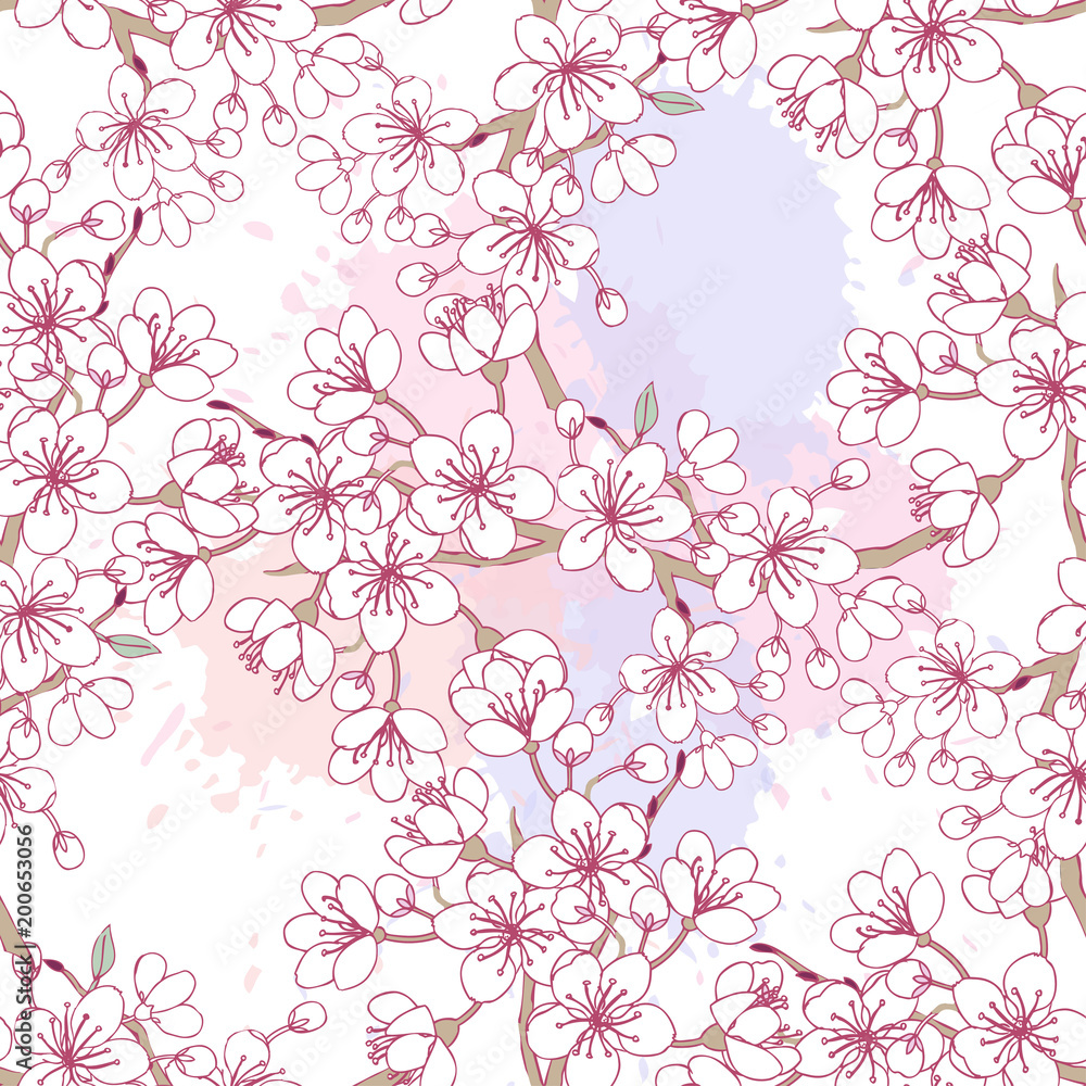 Seamless pattern with sakura. Hand drawn spring blossom trees. Seamless pattern with sakura. Hand drawn spring blossom trees.