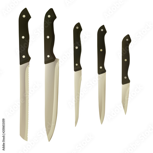 Knife set with black handle. Different type. Vector illustration. Food preparation.