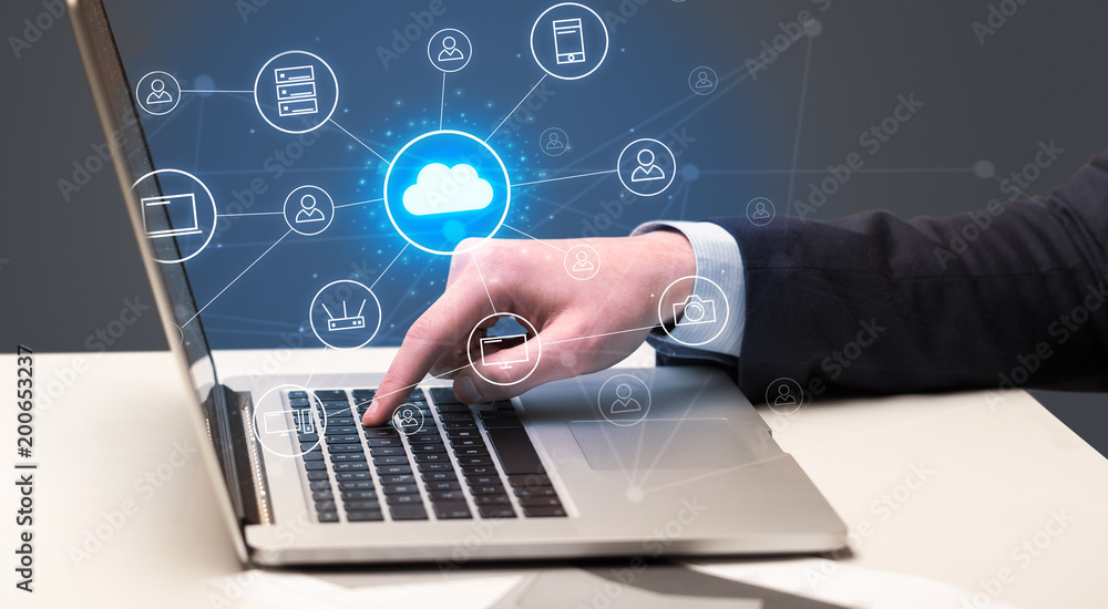 Businessman hand typing with cloud technology system and office symbol concept
Businessman hand typing with cloud technology system and office symbol concept