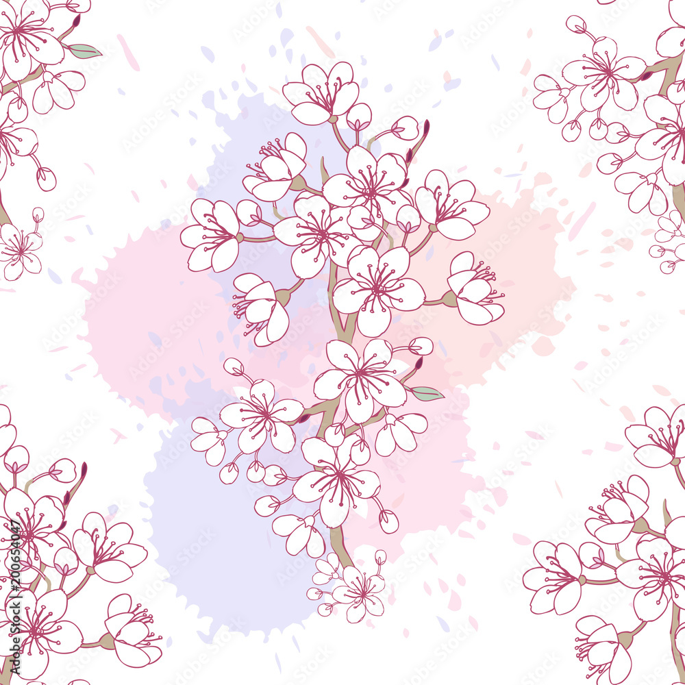 Seamless pattern  with sakura. Hand drawn spring blossom trees.
