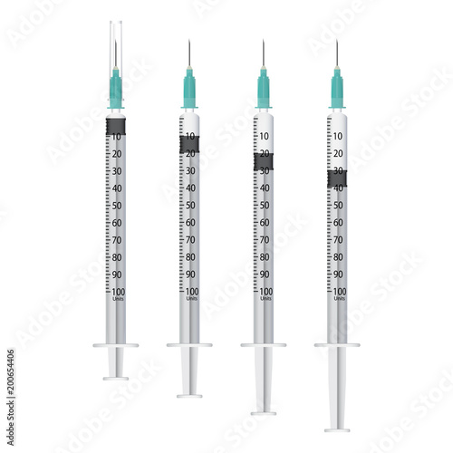 Vector set of insulin syringe with needle, isolated on white