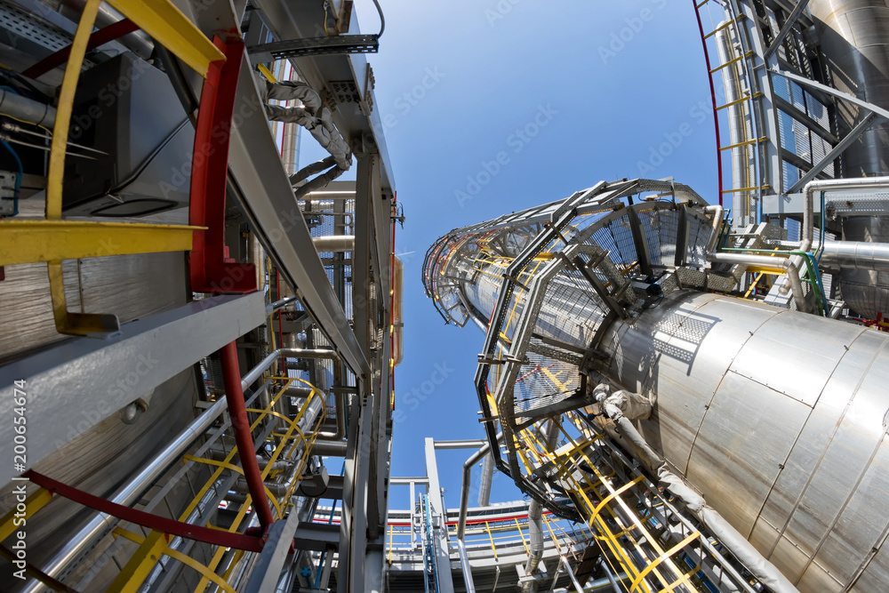 Obraz premium View of the shop of the refinery from the bottom up