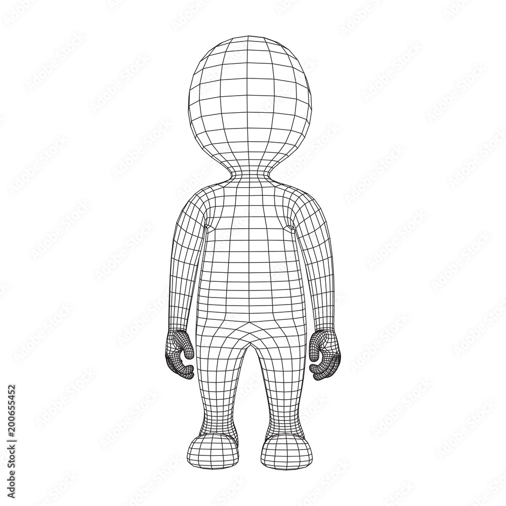 Wireframe low poly mesh human cartoon body in virtual reality. Medical blueprint scanned 3D model. Polygonal technology design.