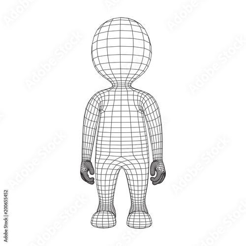Wireframe low poly mesh human cartoon body in virtual reality. Medical blueprint scanned 3D model. Polygonal technology design.
