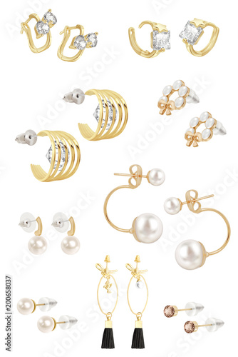 Woman earrings. Collection of gold earrings for women, with diamonds and pearls, isolated on white background, clipping paths included