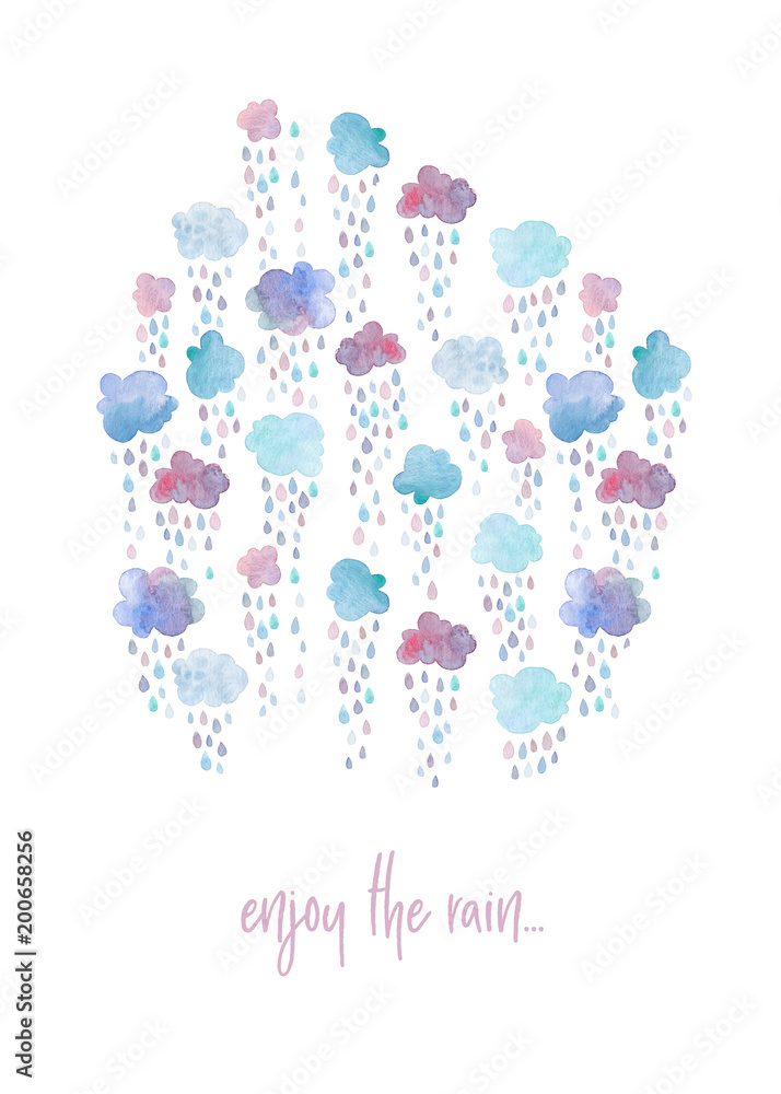 Colorful hand painted greeting card with watercolor clouds and raindrops. Isolated on white background.