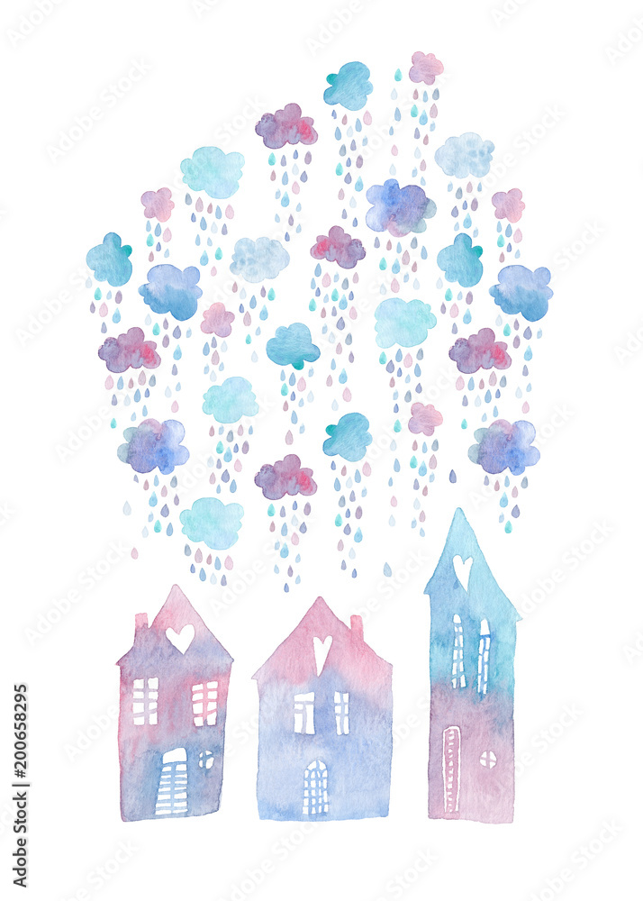 Colorful hand painted greeting card with watercolor houses and rainy clouds above them. Isolated on white background.