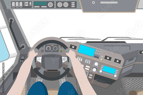 Driver in the cab of the truck on white background. Vector illustration