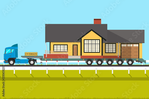 Truck transports the house to a new place. Vector illustration