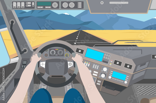 The driver is driving through the desert on a truck. Desert view from the cab of the truck. Vector illustration