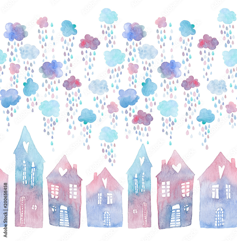 Seamless pattern with hand painted houses and clouds with falling raindrops. Colorful watercolor illustration isolated on white background.