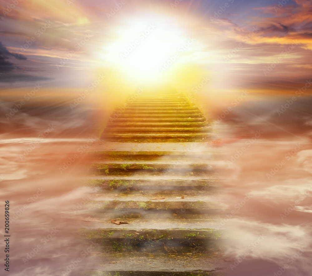 Steps leading up to the sun. Way to God . bright light from heaven .  Religious background . Beautiful sky . Sunrise . Light from sky Stock Photo  | Adobe Stock