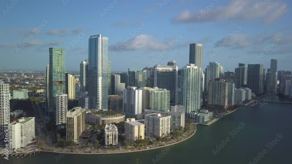 clear sky flying clockwise around tip of downtown Miami waterfront clear sky flying clockwise around tip of downtown Miami waterfront