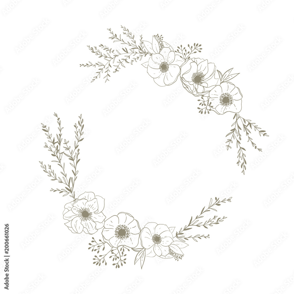 Flower wreath with anemones, twigs and leaves vector.Template fo Flower wreath with anemones, twigs and leaves vector.Template fo