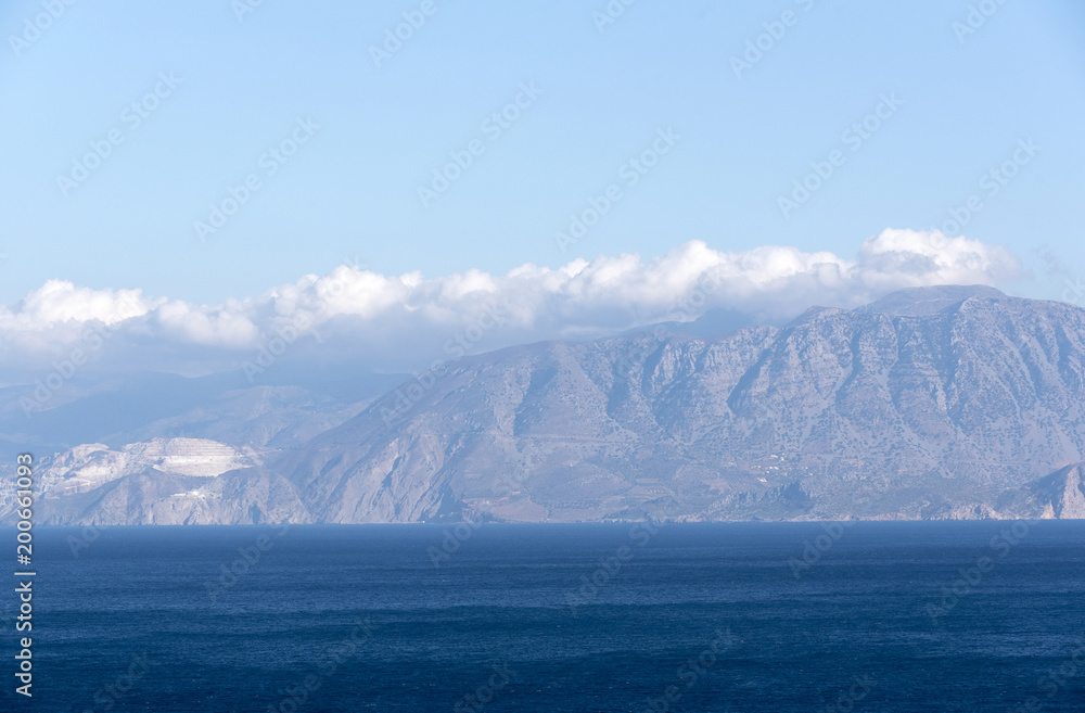 Gulf of Mirabello and mountains off the Cretan town of Agios Nikolaos, Crete, Greece, 2017
