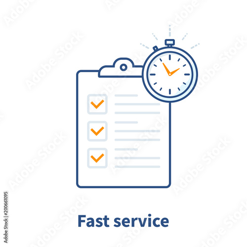 Fast service, simple solution, project management, improvement checklist, survey clipboard, enrollment concept, terms and conditions, time period, vector thin line icon illustration.