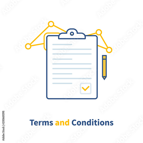 Contract terms and conditions, document paper, creative writing, read brief summary, assignment. Vector illustration.