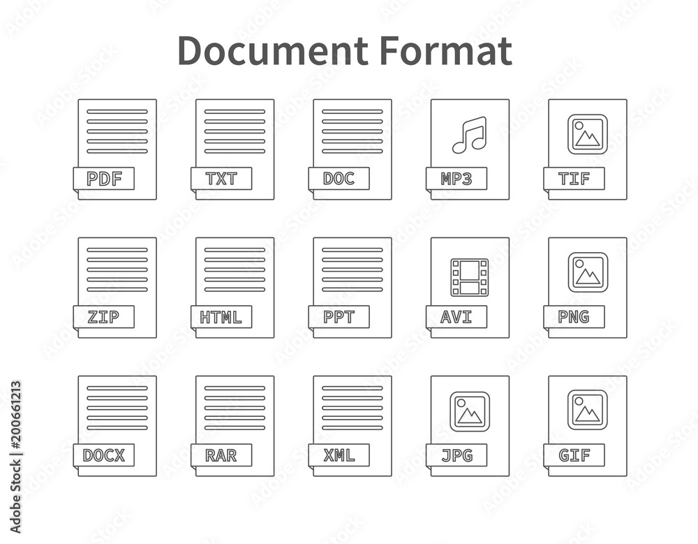 Document format. Flat style icon set. Programming file type, extension. Pictogram. Web and multimedia. Computer technology. Vector illustration on background.