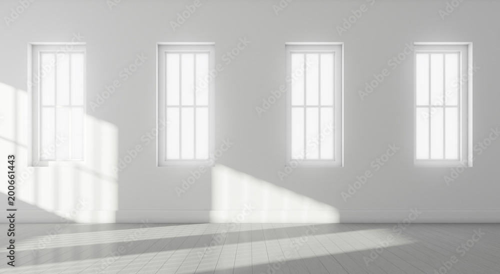 3D stimulate of white room interior and wood plank floor with sun light cast the window shadow on the wall,Perspective of minimal design architecture 3D stimulate of white room interior and wood plank floor with sun light cast the window shadow on the wall,Perspective of minimal design architecture