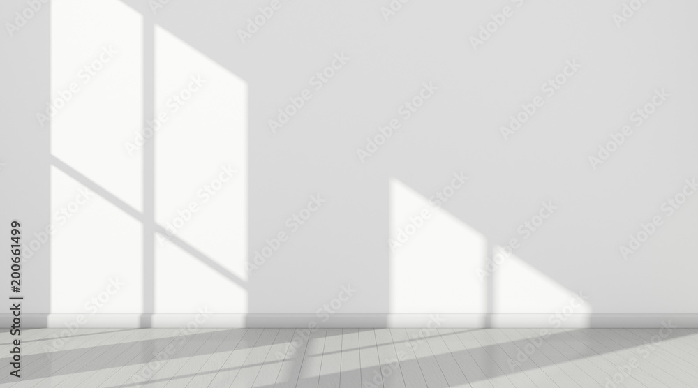 3D stimulate of white room interior and wood plank floor with sun light cast the window shadow on the wall,Perspective of minimal design architecture 3D stimulate of white room interior and wood plank floor with sun light cast the window shadow on the wall,Perspective of minimal design architecture