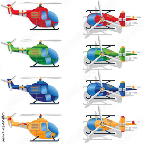 A set of multi-colored helicopters on white background. Vector illustration.