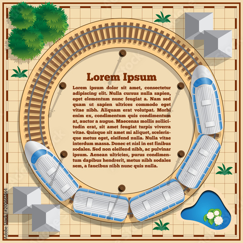 The ring railway with a train. View from above. Vector illustration.