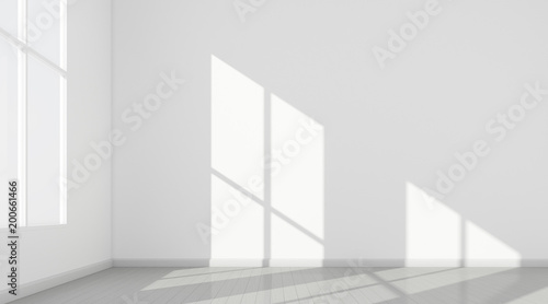 3D stimulate of white room interior and wood plank floor with sun light cast  the window shadow on the wall Perspective of minimal design architecture 